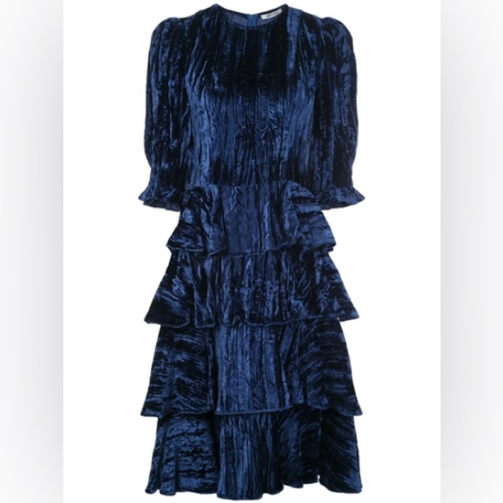 Batsheva Royal Blue Crushed Velvet Dress Tiered Ruffle Midi Dress